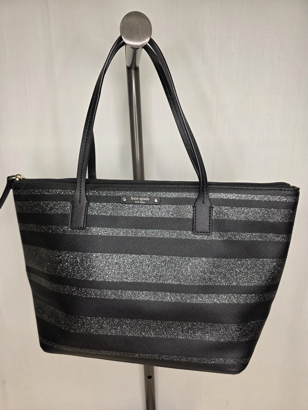 Kate Spade New York Glitter Stripe Saffiano Leather Tote Bag - Black/Silver